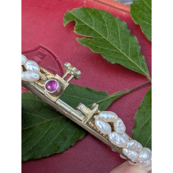 Vintage Gold Vermeil Pearl and Ruby Bangle Bracelet, Sterling Dowry Bracelet - Picture 4 of 10